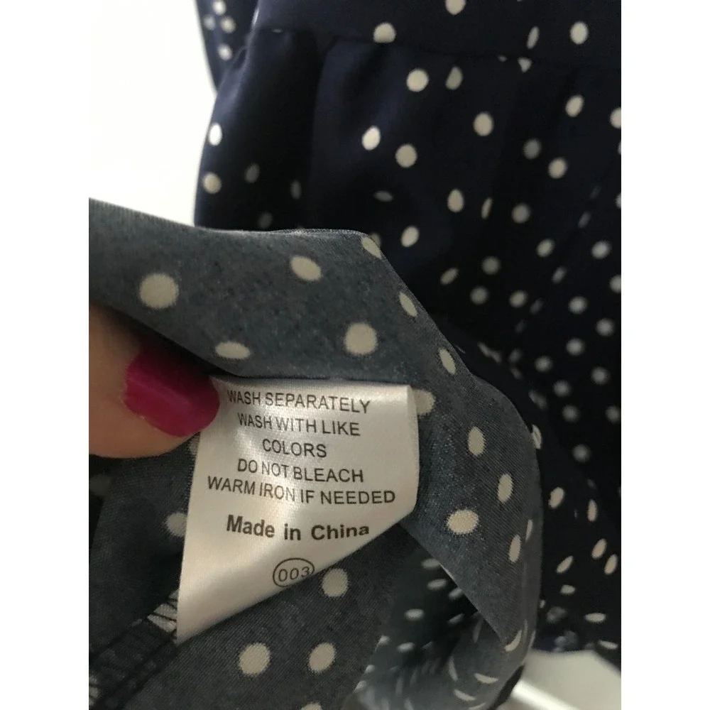 Navy Blue Polka Dot Tiered V Neck Long Sleeve‎ Mini Dress Women's Size M